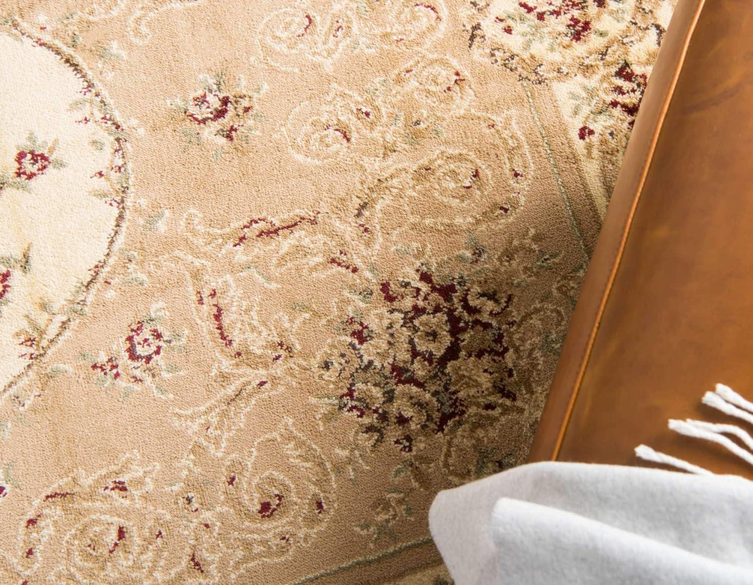 Tan Floral Synthetic Stain-Resistant Runner Rug