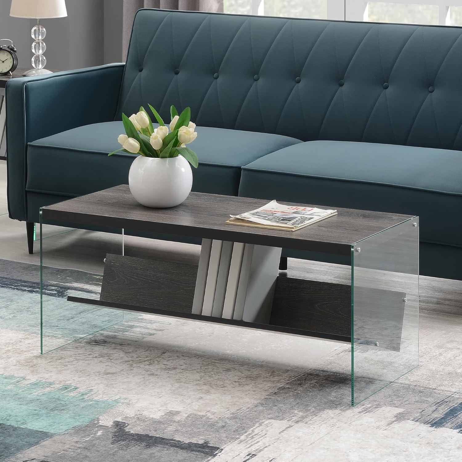 Convenience Concepts SoHo Glass Coffee Table with Shelf, Weathered Gray/Glass