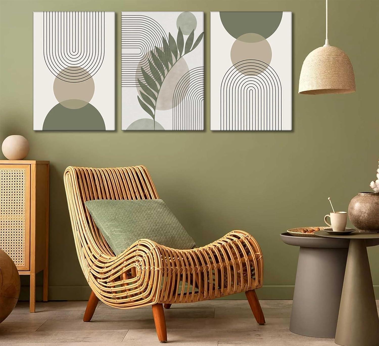 Boho Wall Art, Mid Century Modern Wall Art, Set of 3 Framed Canvas Wall Art Prints 12"x16" Abstract Geometric Neutral Sage Green Boho Artwork Wall Decor for Bedroom Living Room Bathroom