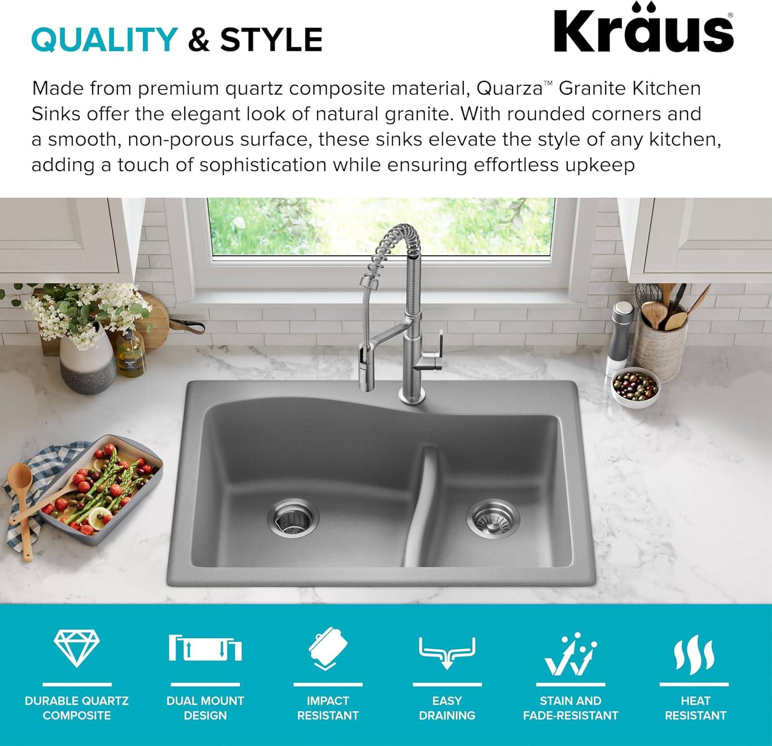 Kraus KRAUS Quarza™ 33" L Dual Mount 60/40 Double Bowl Granite Kitchen Sink KGD-442GREY
