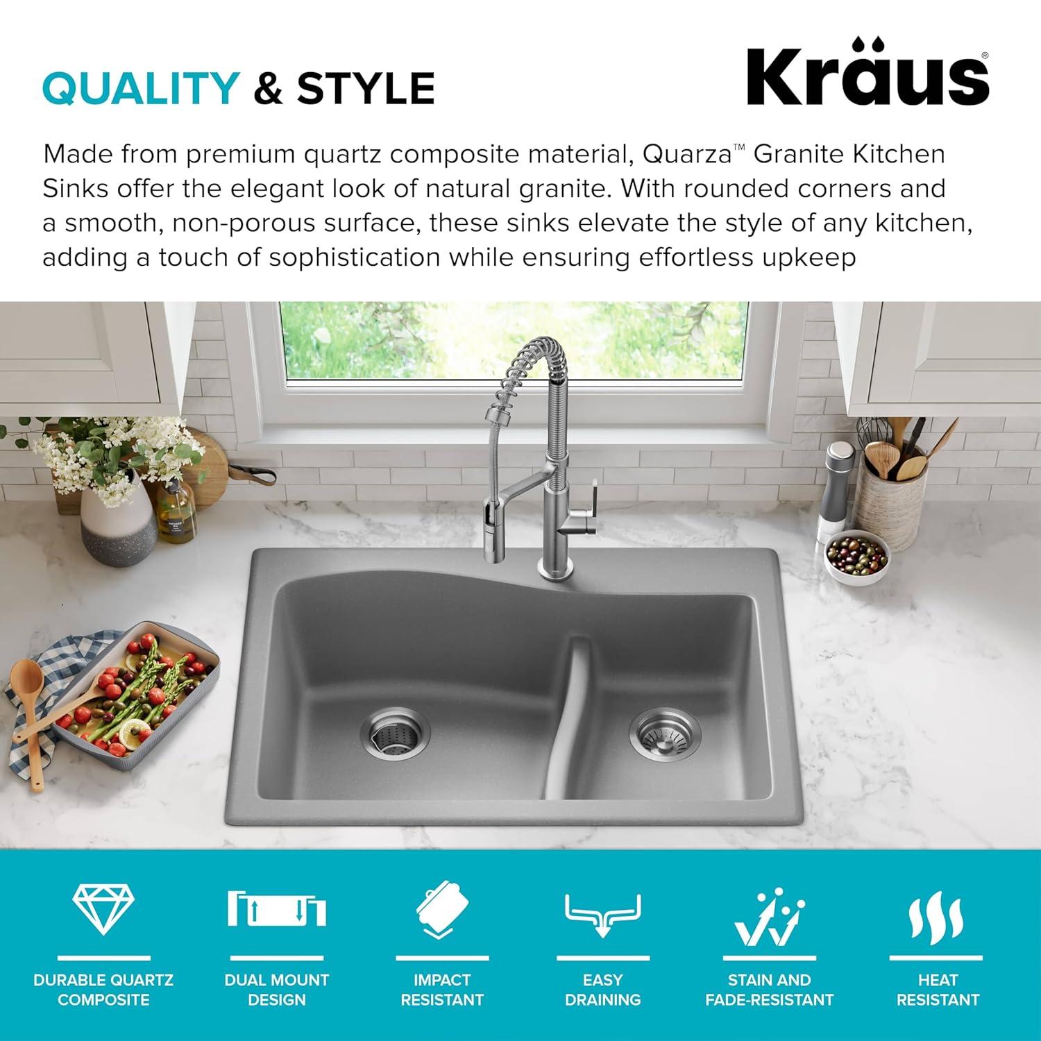 Kraus KRAUS Quarza™ 33" L Dual Mount 60/40 Double Bowl Granite Kitchen Sink KGD-442GREY