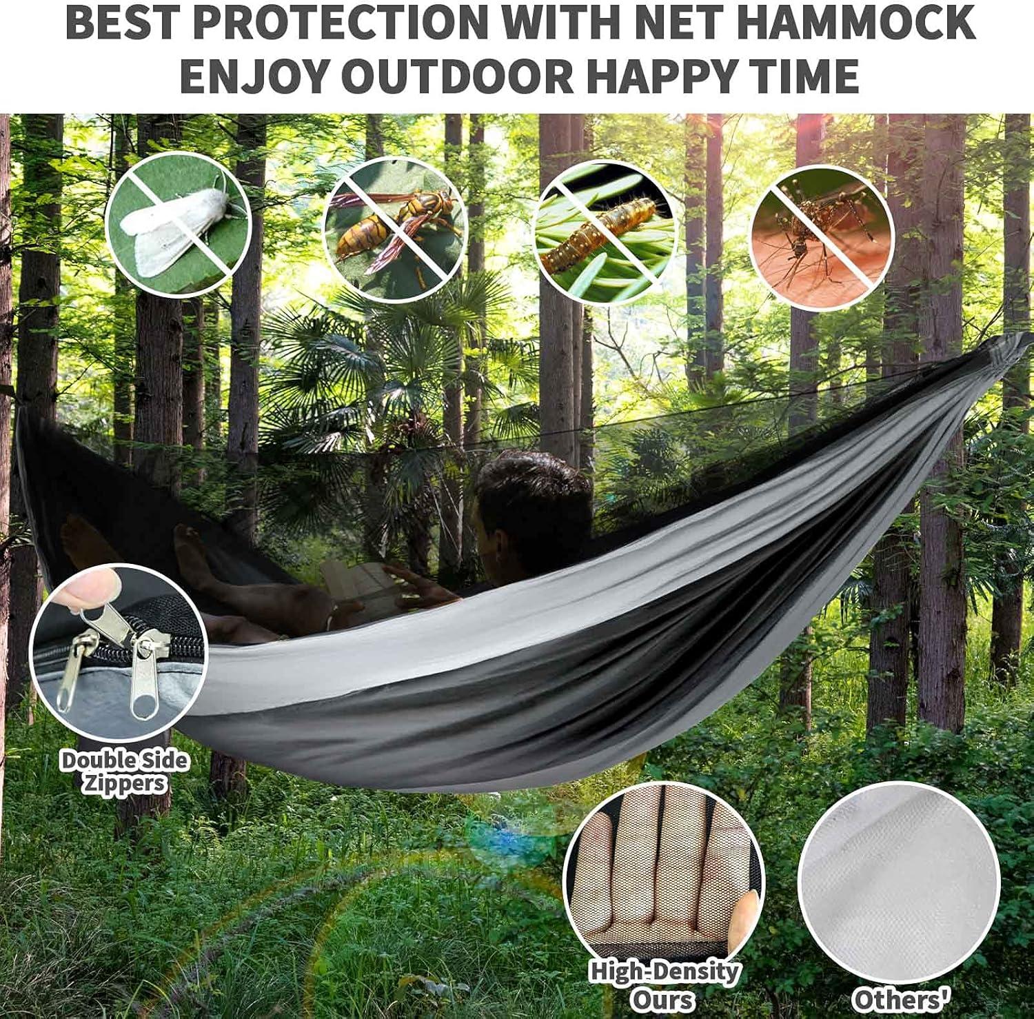 Black and Gray Nylon Parachute Camping Hammock with Mosquito Net and Rain Fly Tarp