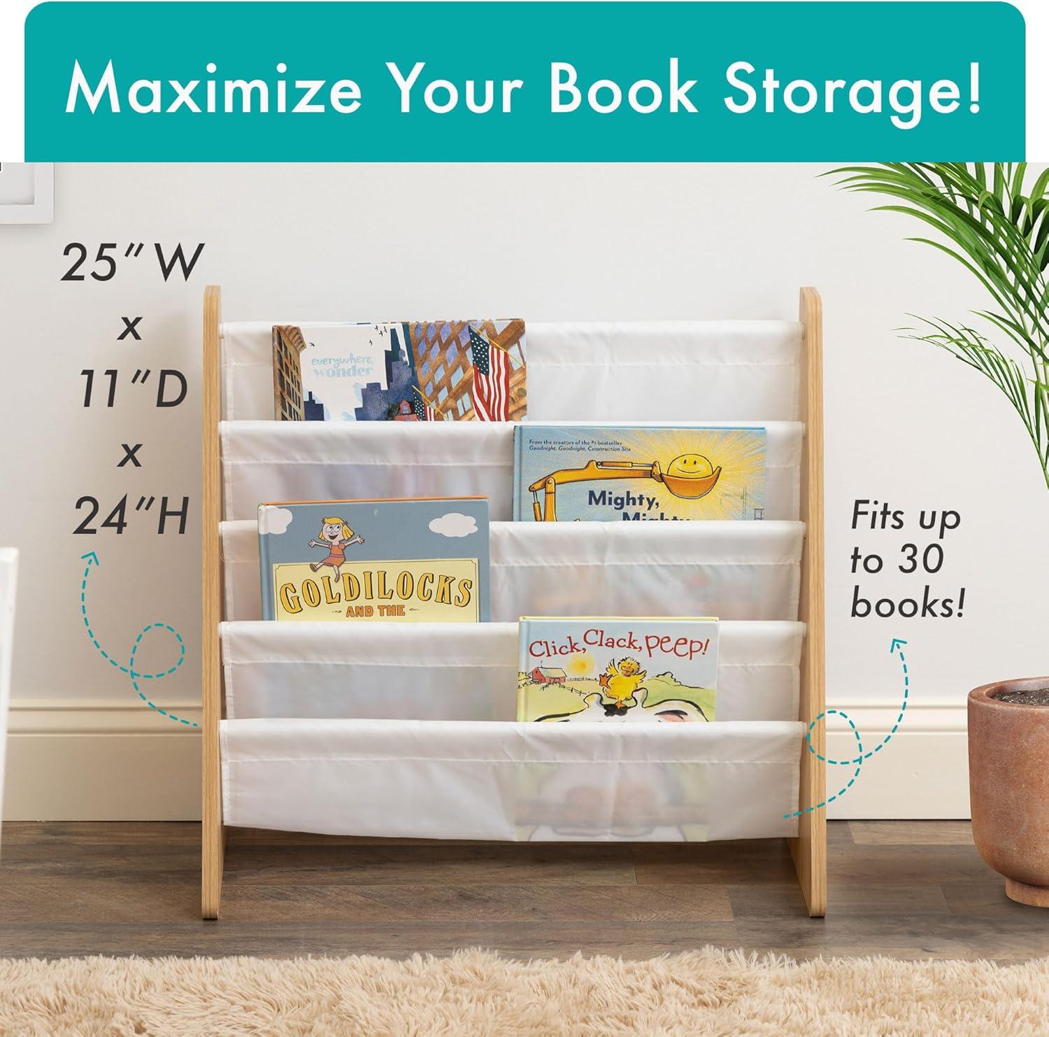 Humble Crew 4-Tier Kids Bookshelf, Natural Wood/White - Premium Book Shelf for Kids Rooms with Four Deep Pockets - Toddler Sling Book Rack with Deep Sleeves, Nursery Bookcase Organizer