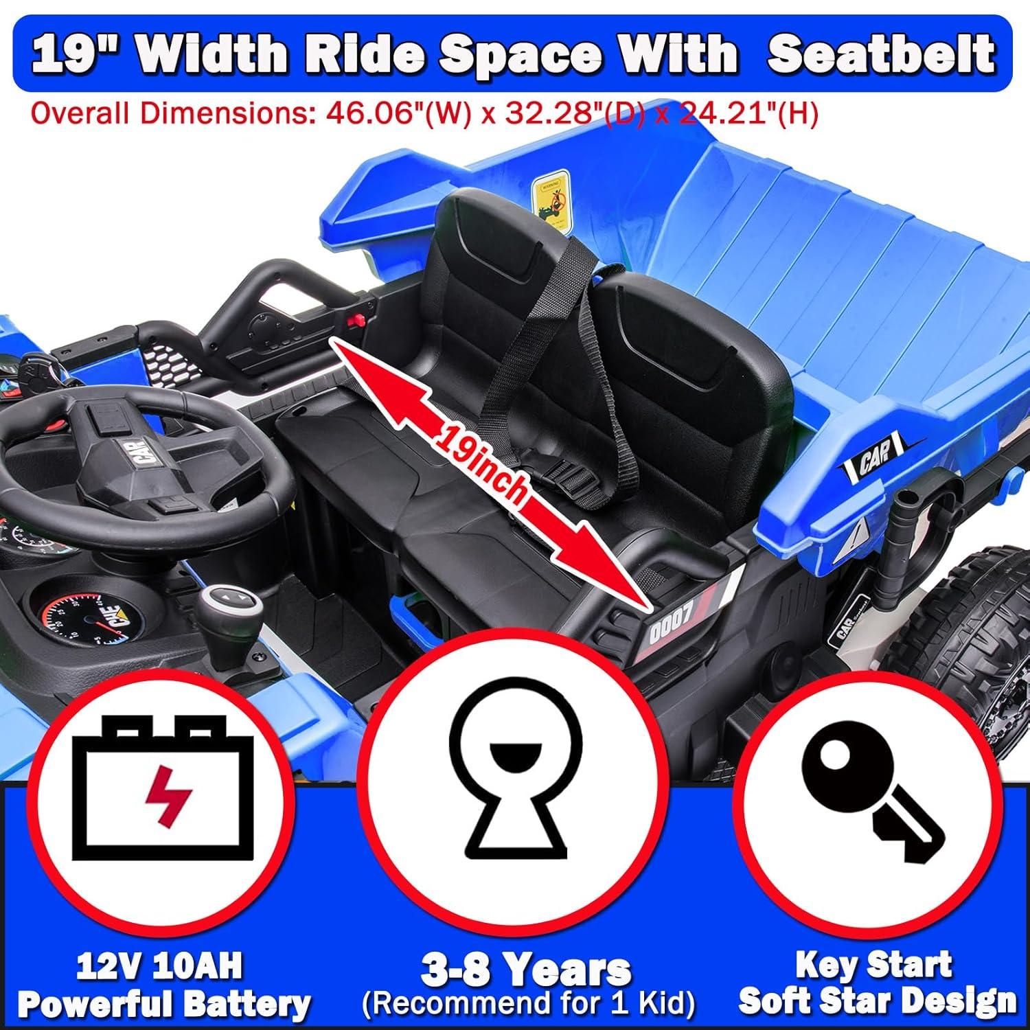 NEWQIDA 12V Ride On Dump Truck for Kids Car with Remote Control Construction Vehicles with Electric Dump Bed/Shovel, Ride On Toys for Boys Girls, 19" Spacious Seat, Music, Soft Start, Music, Blue