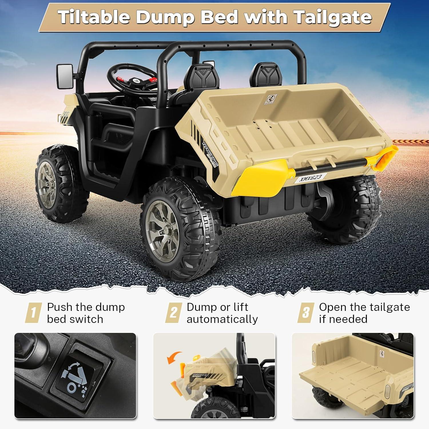 JOYRACER 24V 2 Seater Ride On Dump Truck with Remote Control , Electric UTV Car with Electric Dump Bed, 4WD Power Ride Cars W/6 Wheels Ride On Toys with Shovel Music Player