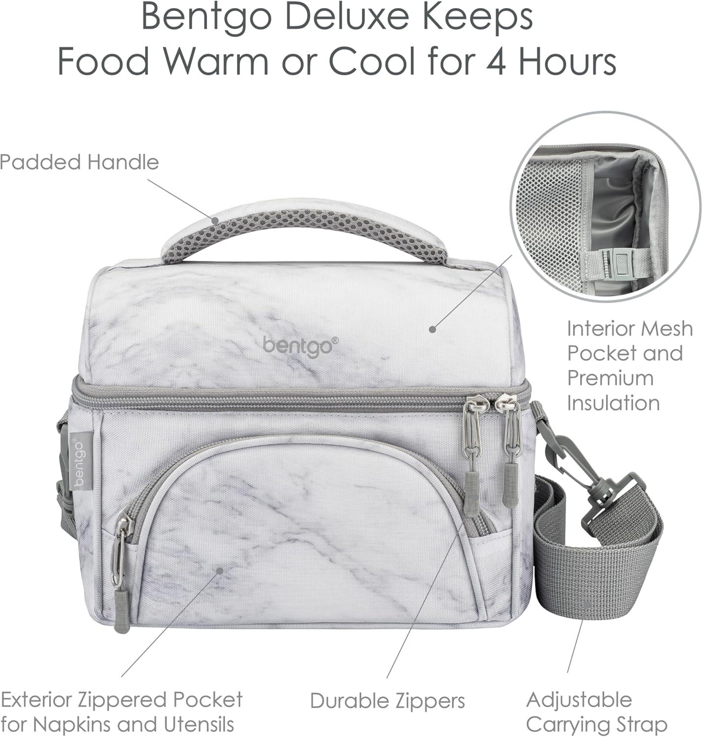 Bentgo Deluxe Lunch Bag, Durable & Insulated Bag, Internal Mesh Pocket & 2-Way Zippers - White Marble