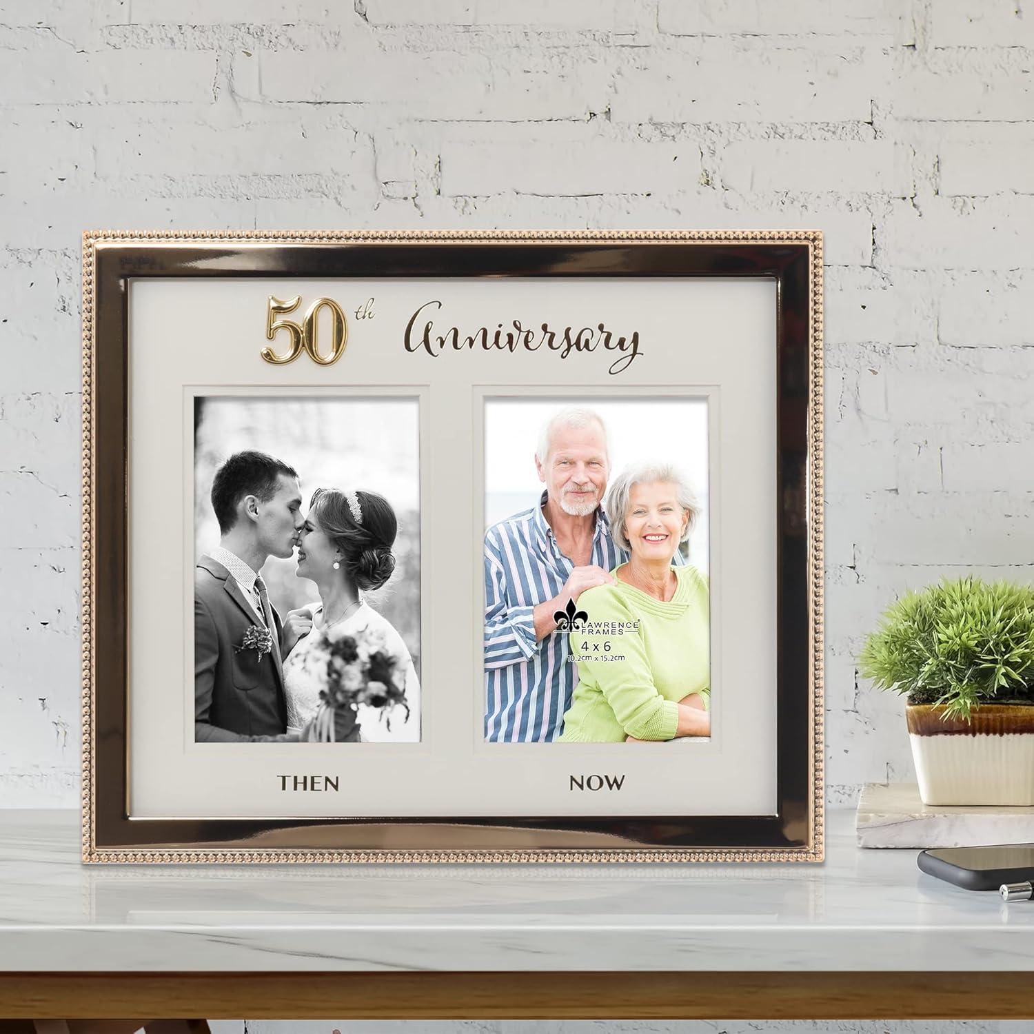 Lawrence Frames 4x6 Double Gold Beaded Metal 50th Anniversary Picture Frame, Then and Now
