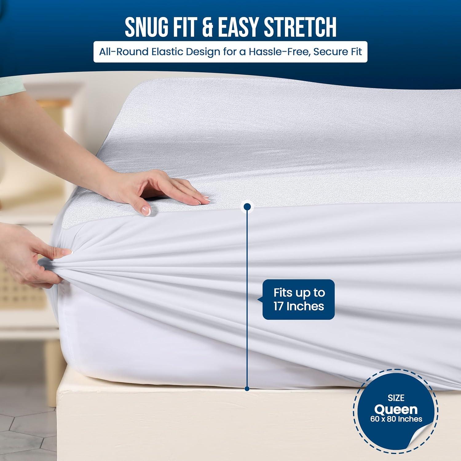 PEKUR Waterproof Mattress Protector – Fitted Sheet Style, Deep Pocket Cover Fits Up to 15 Inches, Washable & Breathable Mattress Topper