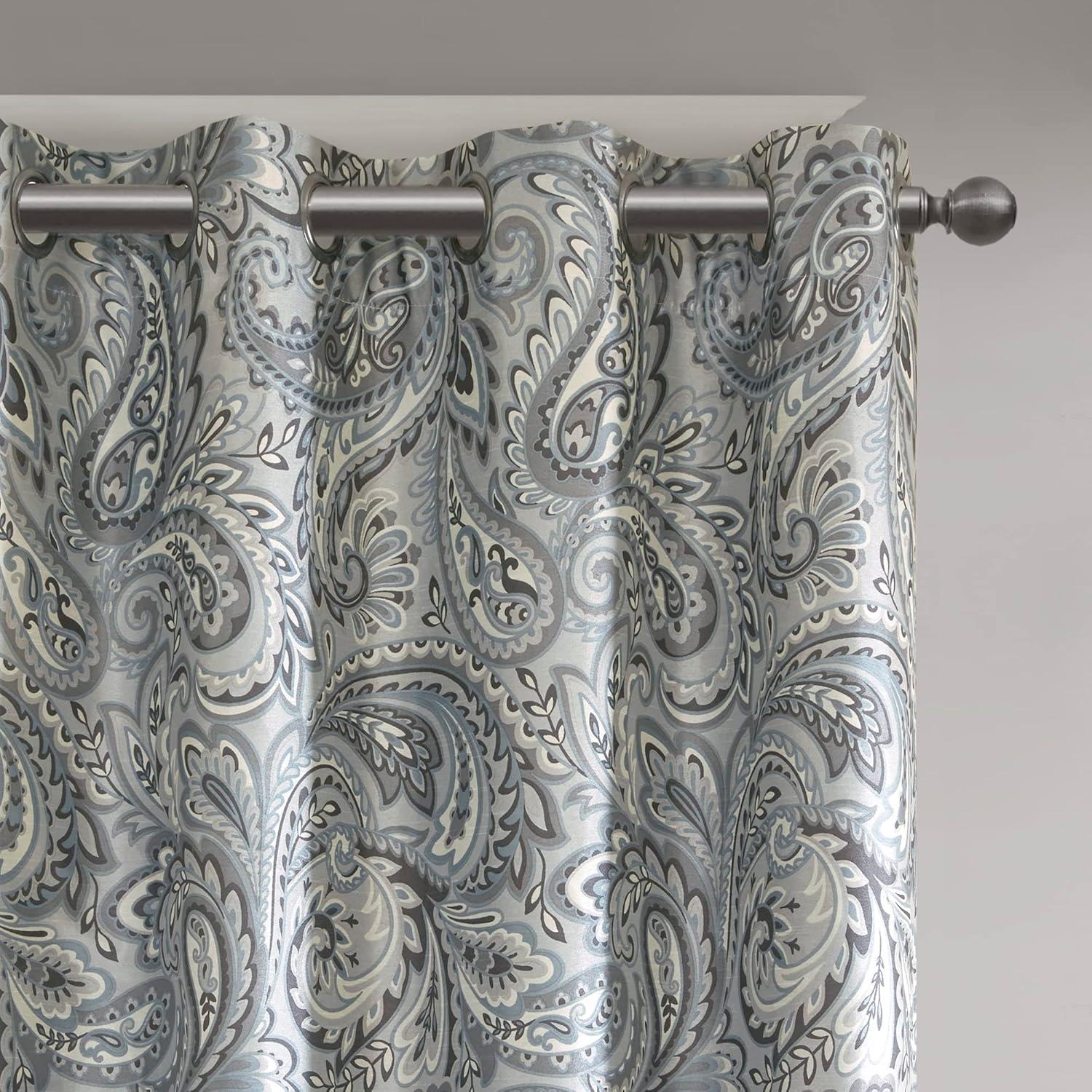 Gray Paisley Faux Silk Blackout Grommet Window Curtain Panel