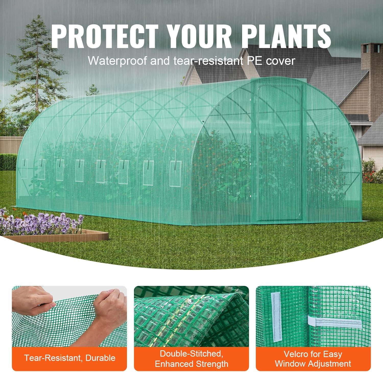 Large Green PE Walk-In Tunnel Greenhouse with Galvanized Steel Frame