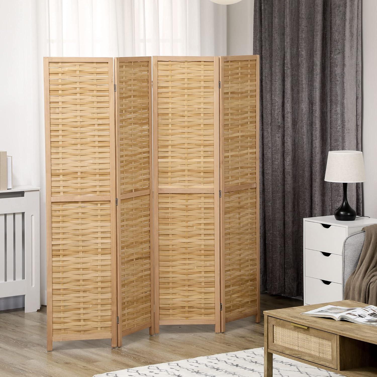 Natural Bamboo 4-Panel Hand-Woven Folding Privacy Screen