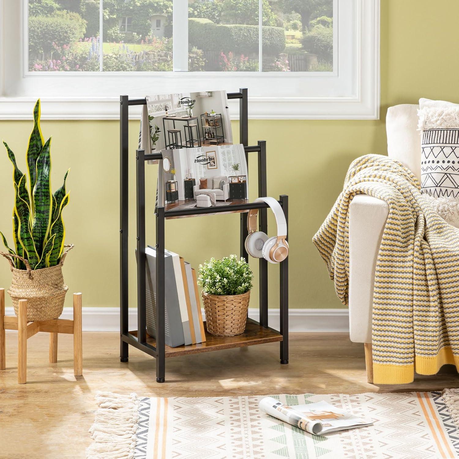 HOOBRO Free Standing Towel Rack, 3 Tier Blanket Rack, Blanket Holder for Bathroom, 16.9" L x 11" W x 31.9" H, Industrial Metal Drying and Display Rack with Shelf, Rustic Brown and Black BF03LB01