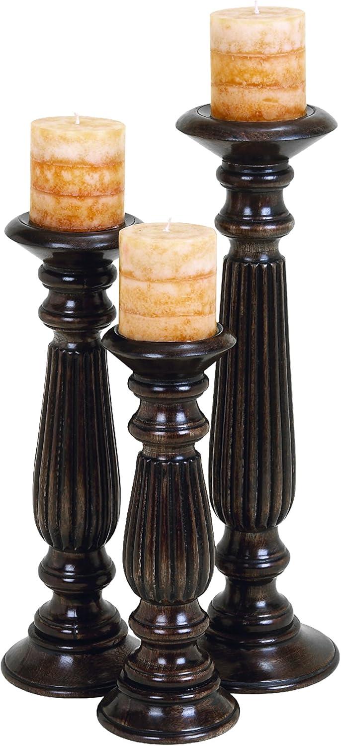 Olivia & May Traditional Candle Holder Set of 3 - Brown : Mango Wood, Elegant Tabletop Decor