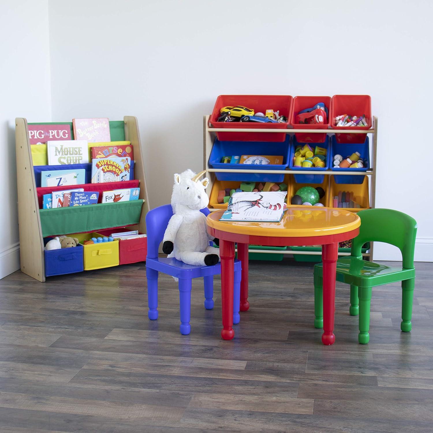 Natural Wood Kids Bookshelf with Primary Colored Fabric Bins