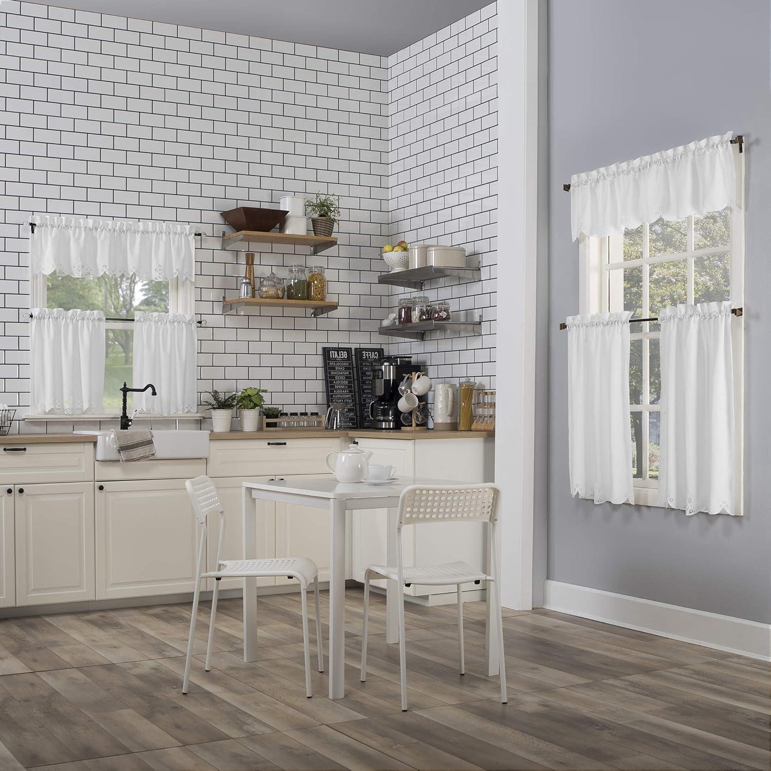 14"x58" Mariela Floral Trim Semi-Sheer Rod Pocket Kitchen Window Valance and Tiers Set White - No. 918: Light Filtering Kitchen Curtains Set