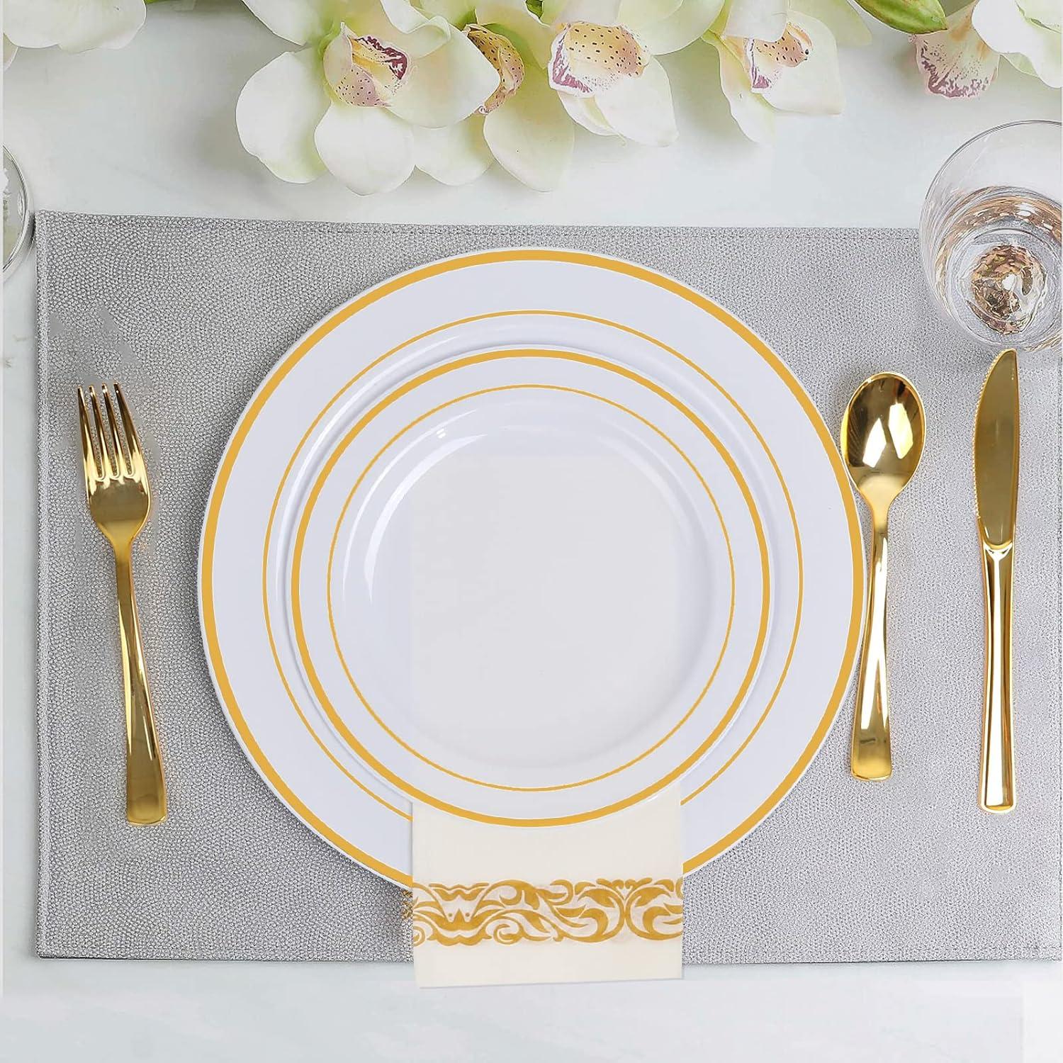 FOCUSLINE 350 Piece Gold Rim Dinnerware Set, Disposable Plastic Plates for Party or Wedding-100 Plastic Plates-50 Plastic Silverware-50 Plastic Cups-50 Linen Feel Napkins(50 Guest)