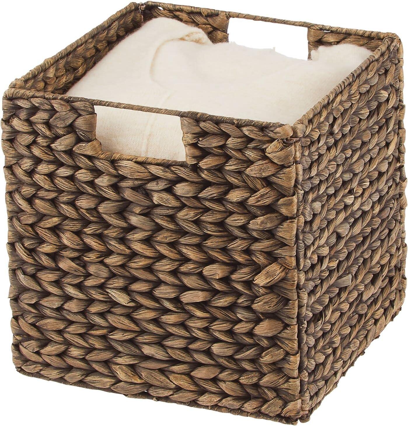 mDesign Hyacinth Woven Cube Bin Basket Organizer, Handles, 2 Pack, Brown Wash