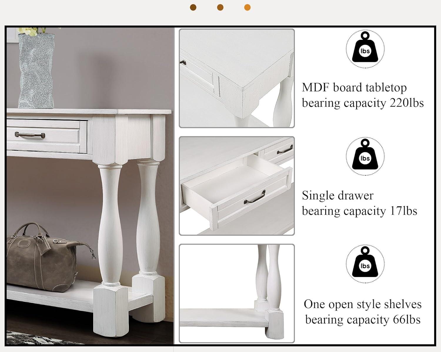 Merax Solid Wood Sofa Table with 3 Storage Drawers, 63 Inch Long Wood Console Table with Bottom Shelf, Retro Entryway Table for Living Room Hallway, Antique White