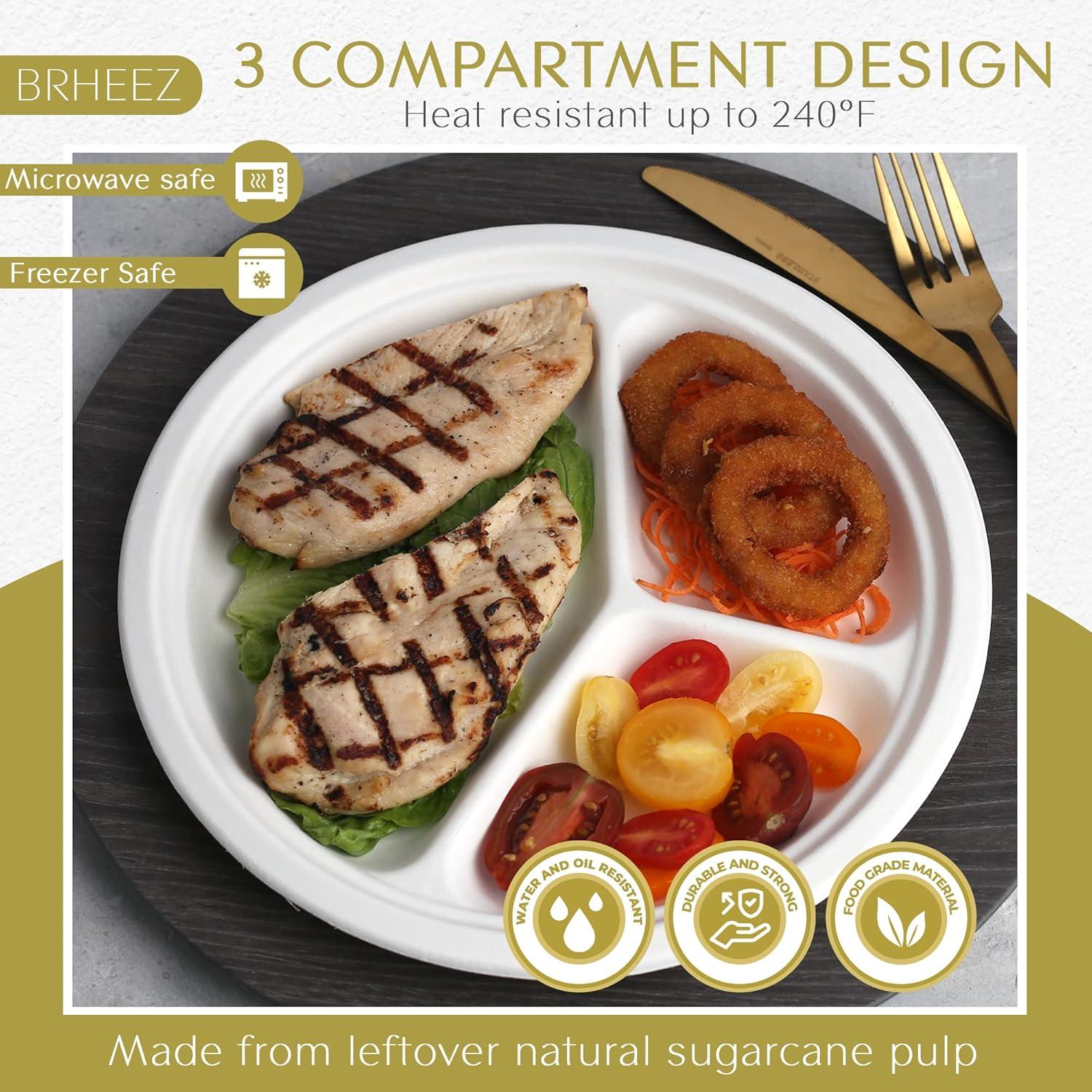 Brheez Heavy Duty Round 3-Compartment Disposable Plates - 100% Biodegradable & Compostable Sugarcane, 10", 440-pack
