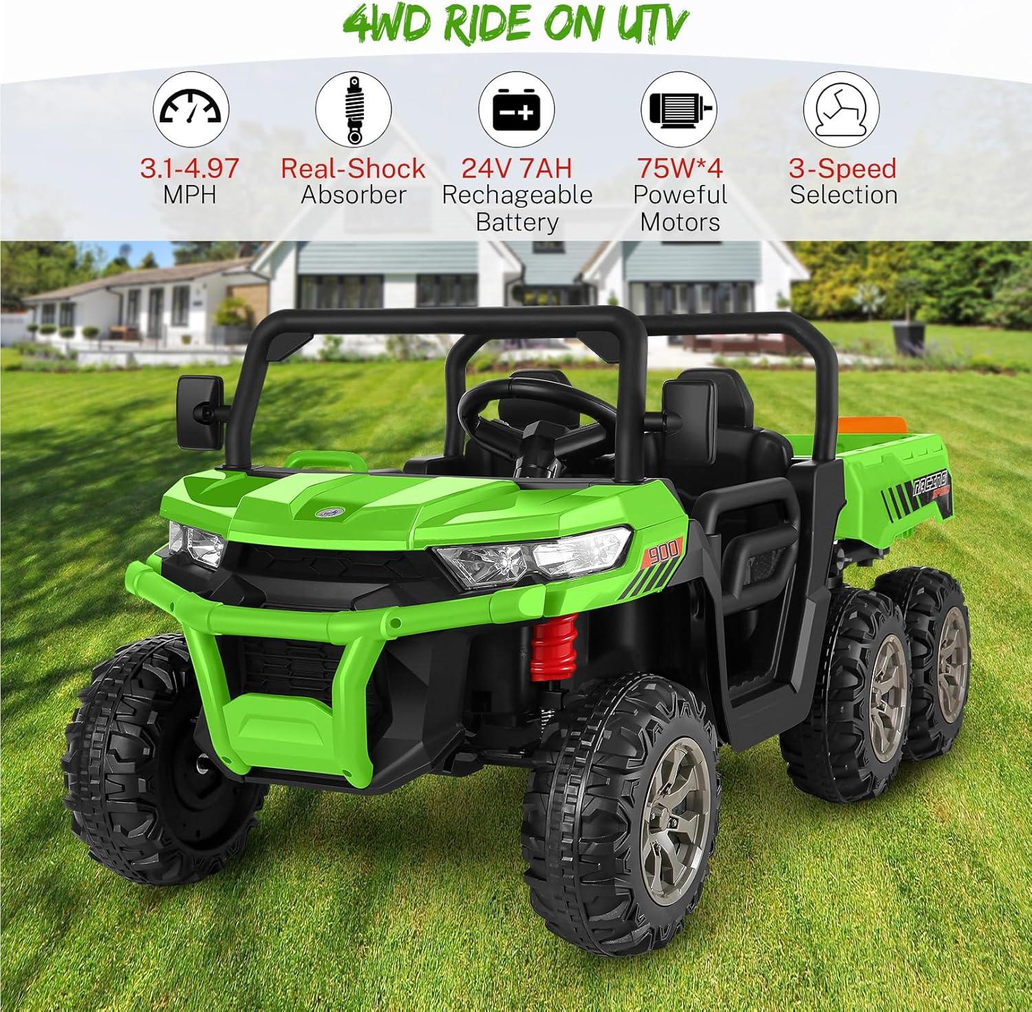 24V Ride on UTV Car, 2 Seater Kids Electric Powered Ride on Toys Dump Truck with Trailer Remote Control, Green