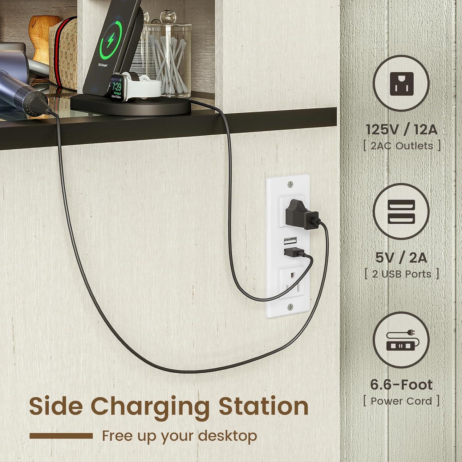 Farmhouse Makeup Vanity Desk with Sliding Lighted Mirror, Glass Top Vanity Desk with Power Outlet, Rustic Vanity Set, Antique White