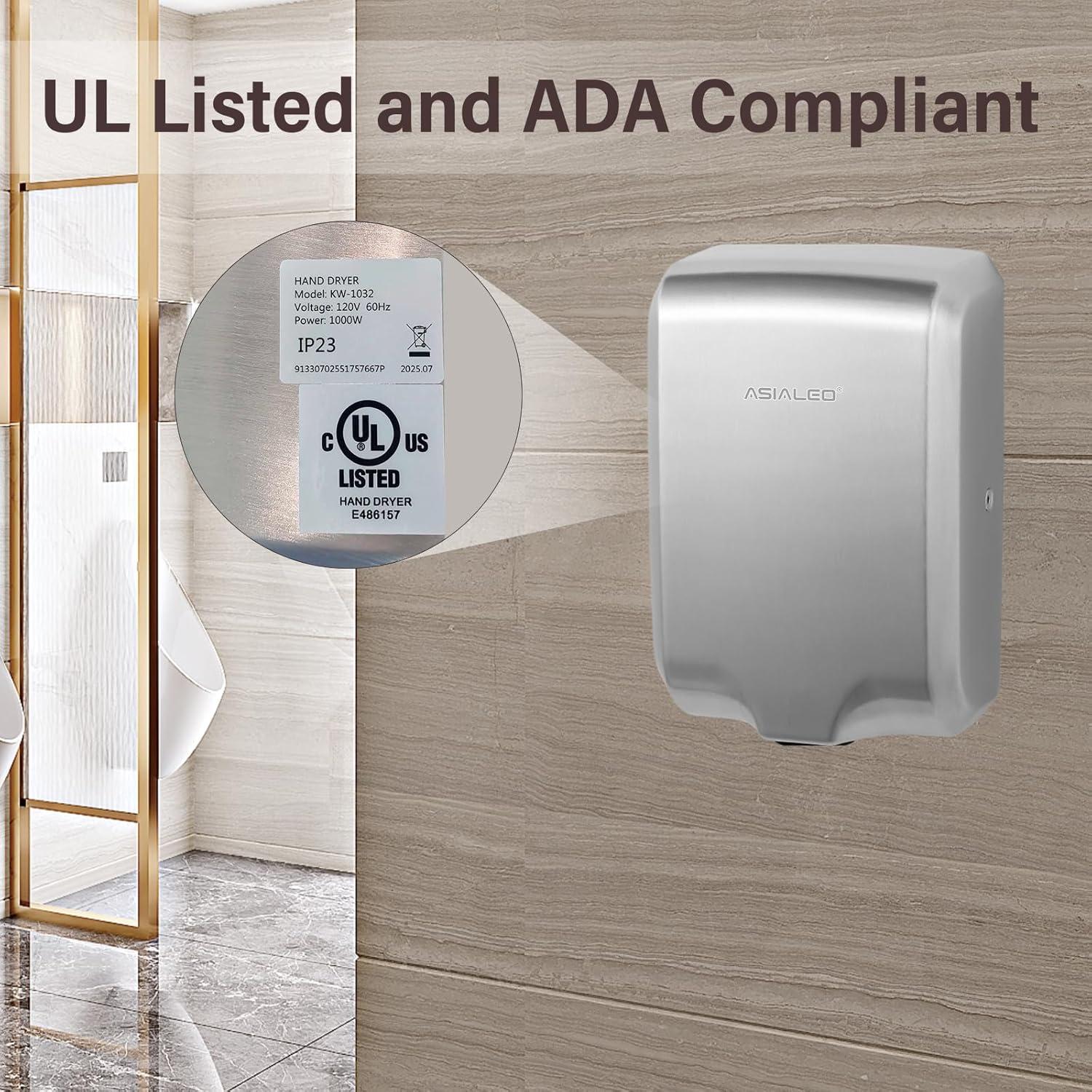 Hand Dryer for Bathroom Commerical,UL Listed and ADA Compliant Automatic Electric Plug in Hand Blower,Cold/Hot air switchable,High Speed 1000W,70dB,Brushed Stainless Steel Cover,Wall Mounted