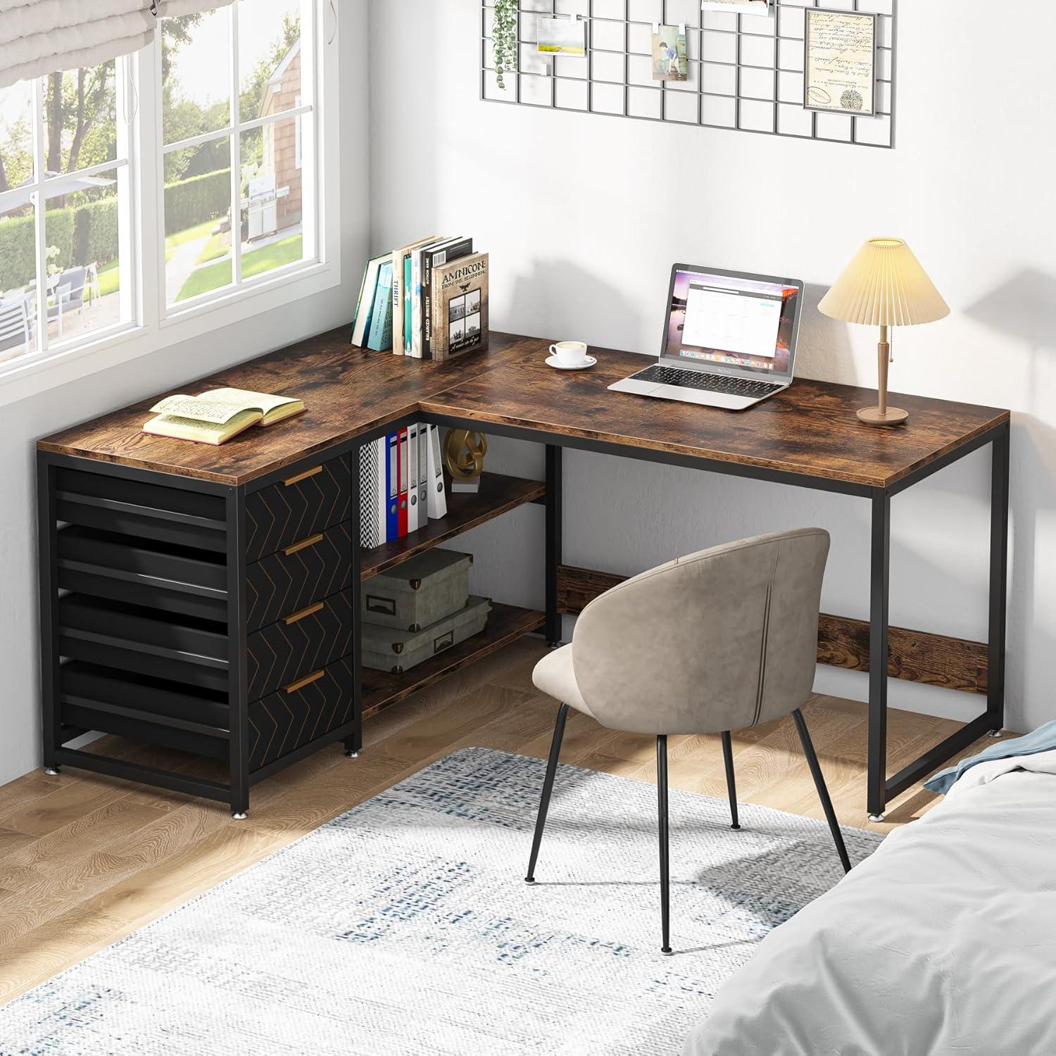 Brown L-Shaped Computer Desk with Drawers and Shelves