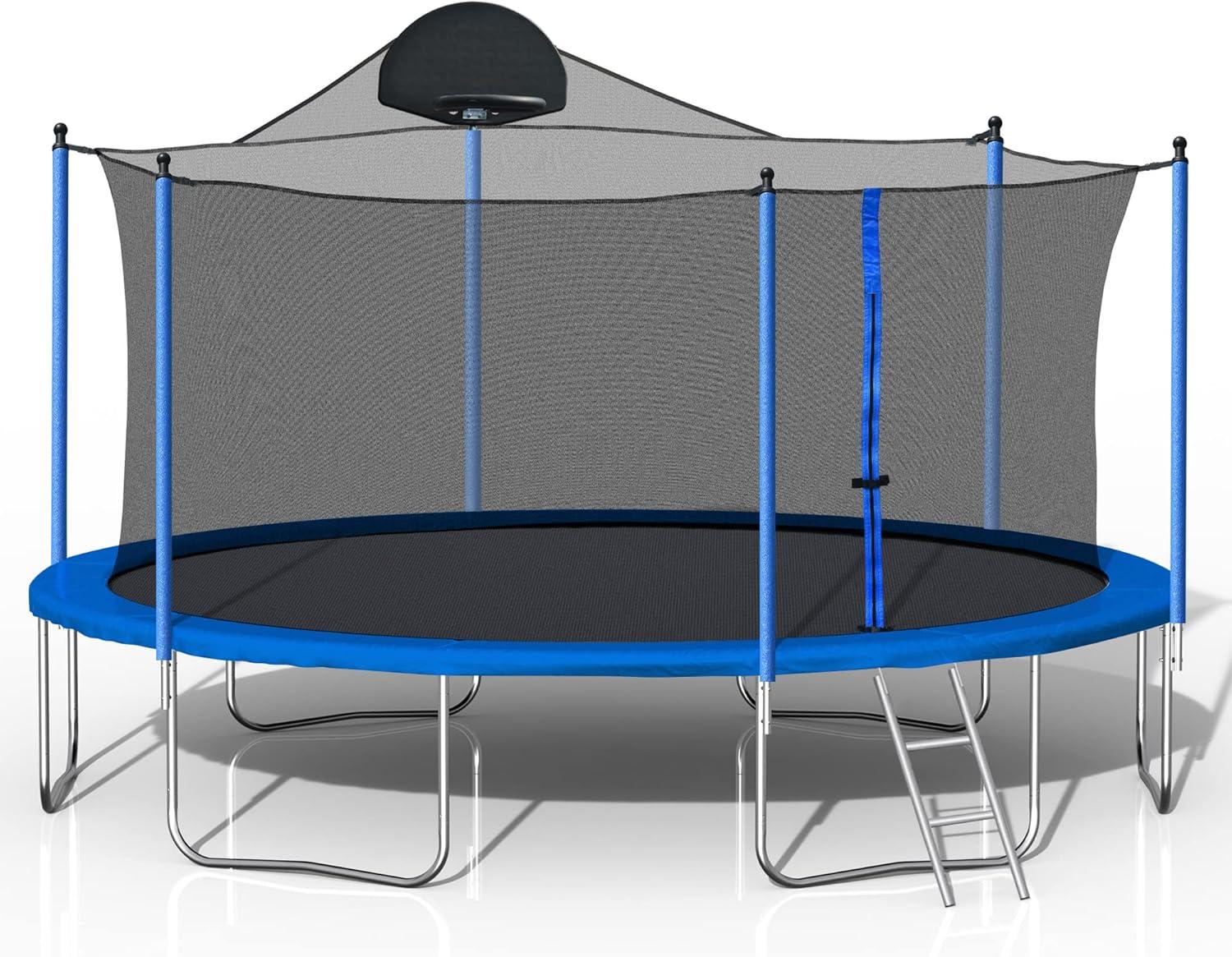 14 FT Trampoline Outdoor with Basketball Hoop, Backyard Trampoline with Enclosure Net, Heavy Duty Large Trampoline for Kids and Adults, Double-side Color cover