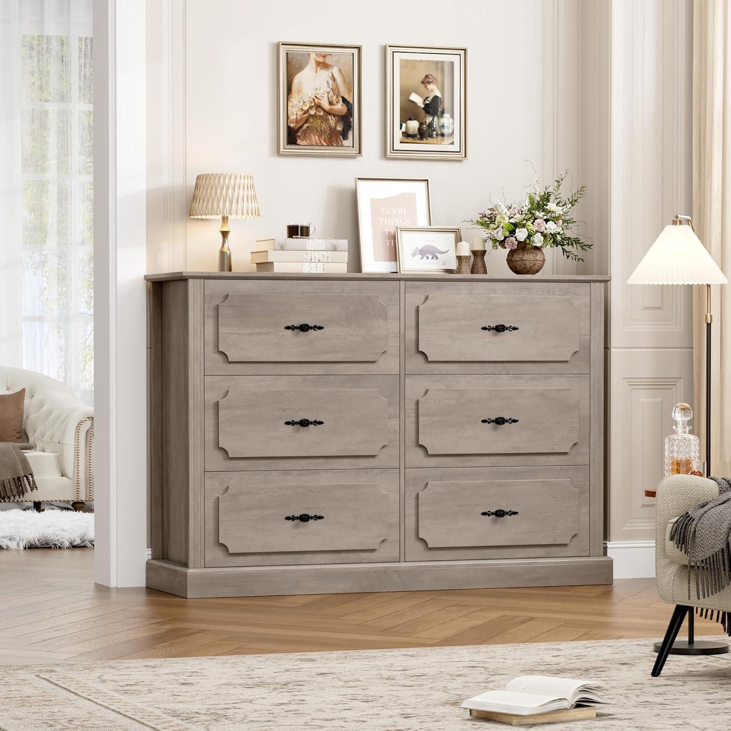 Litake Dresser for Bedroom with 6 Drawers, Wood Drawer Dresser Chest of Drawers for Closet, Living Room, Hallway, Nursery, Kids Bedroom, Light Grey