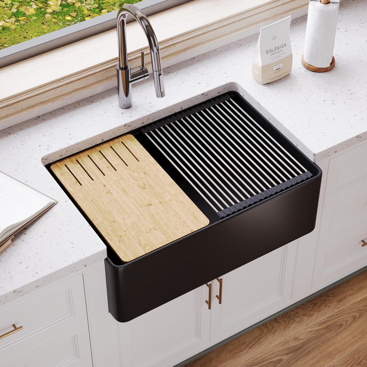 Deervalley 30" L X 20" W Single Basin Workstation Farmhouse Kitchen Sink With Sink Grid, Cutting Board And Dish-Drying Rack