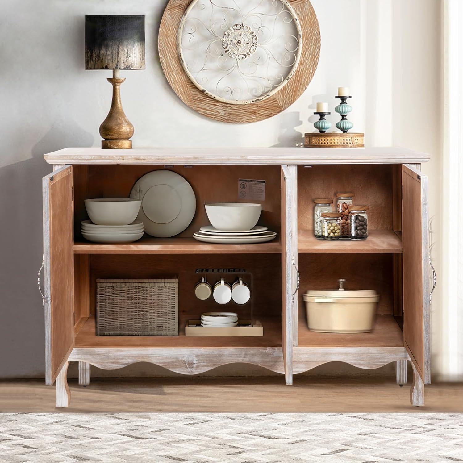 Gray Rustic Wood 3-Door Floral Carved Sideboard Cabinet