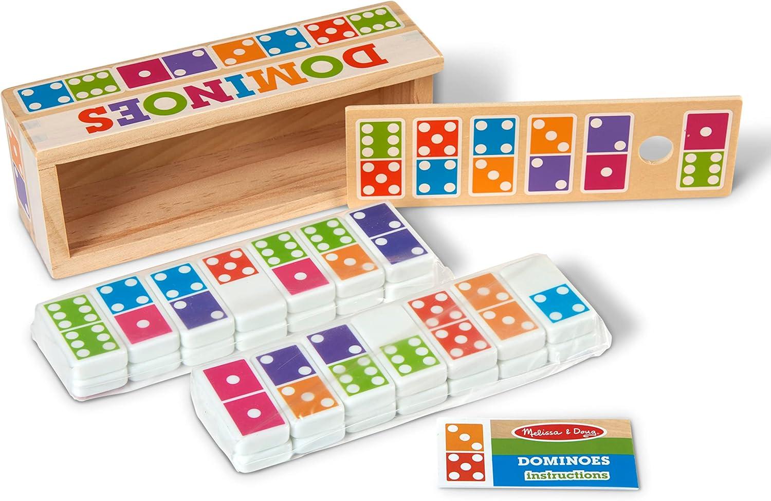 Melissa & Doug Dominoes Tabletop Game with 28 Colorful Tiles in Wooden Storage Box