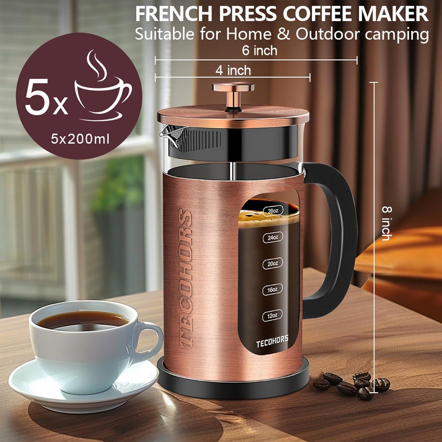 Copper and Glass 34oz French Press Coffee Maker with Stainless Steel Filters