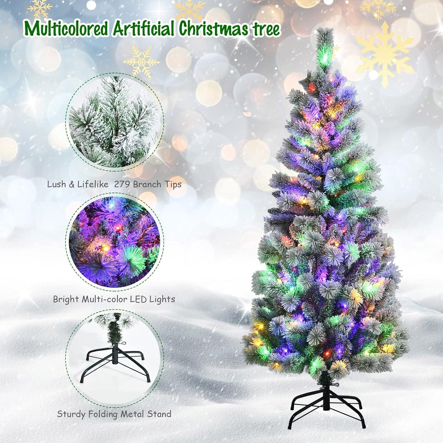 Gymax 5 ft Pre-lit Snow Flocked Artificial Christmas Tree w/ Multi-Color LED Lights