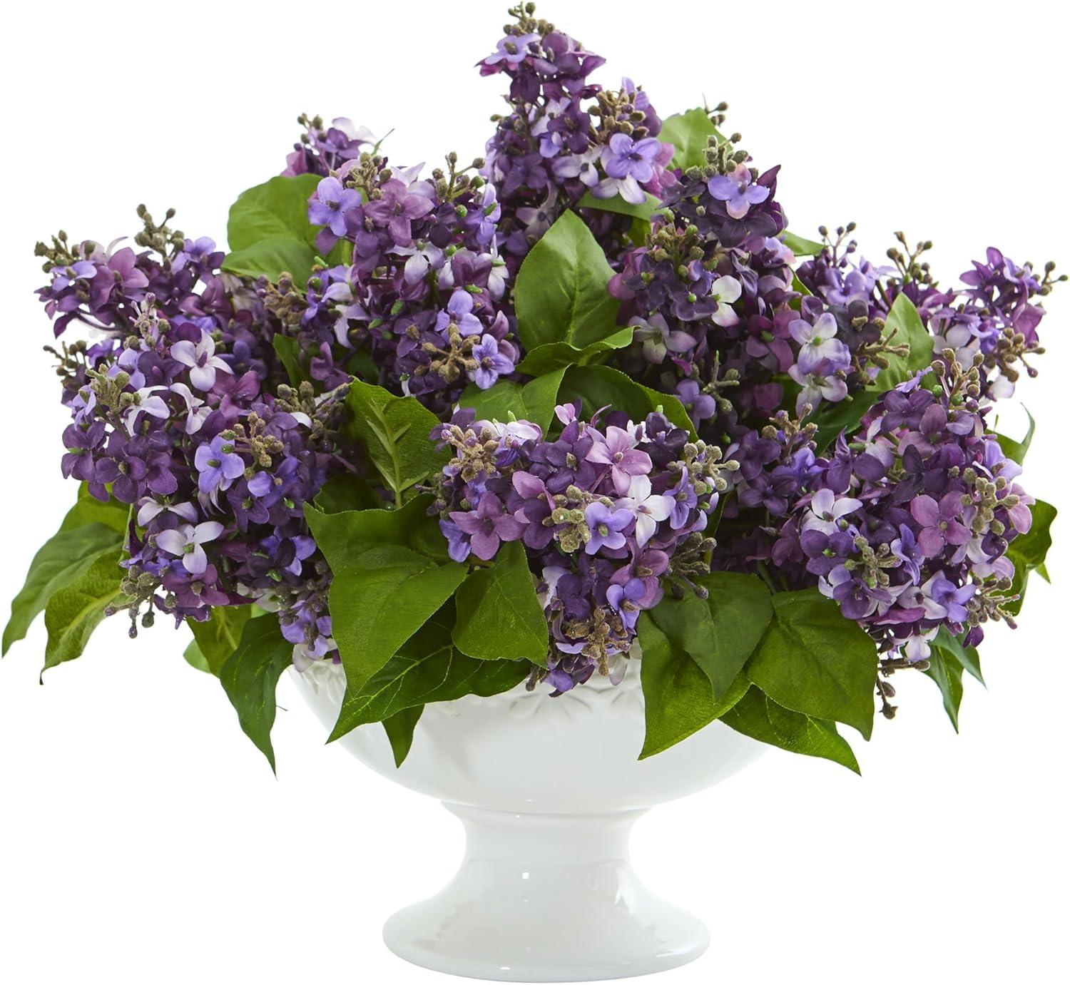 Lush Purple Lilac Faux Floral Arrangement in Elegant White Vase