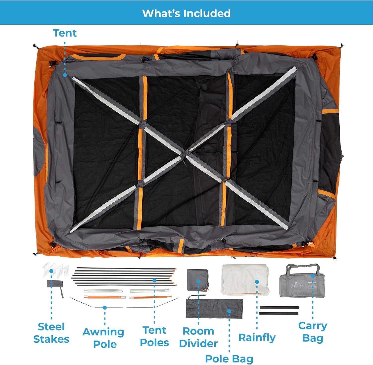 Large Orange and Gray 12-Person 2-Room Cabin Tent with Carry Bag