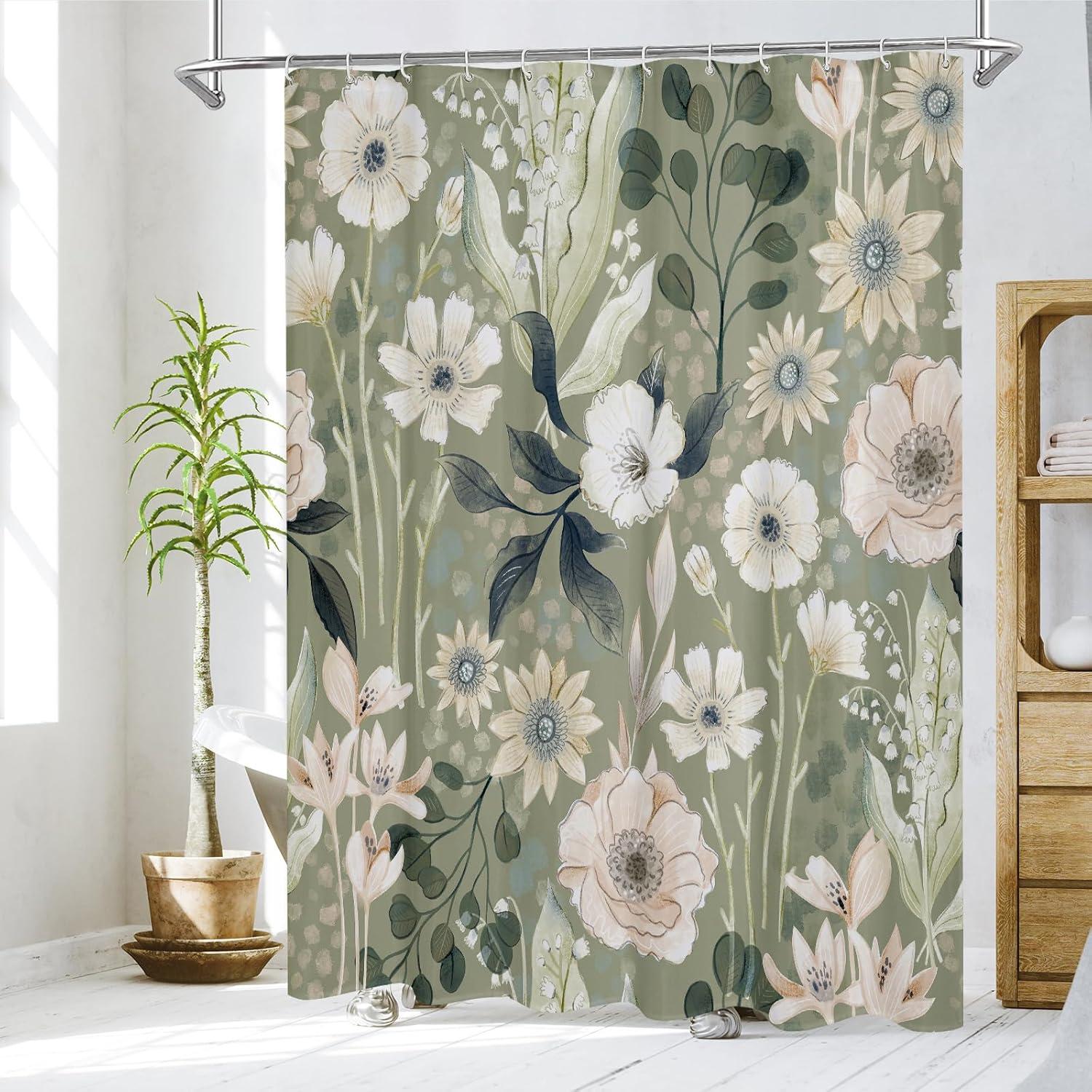 Green Floral Shower Curtain, Summer Plant Leaves Fabric Cloth Shower Curtains For Chic Elegant Bathroom Decor, Modern Abstract Colorful Flower Shower Curtain, 72X72