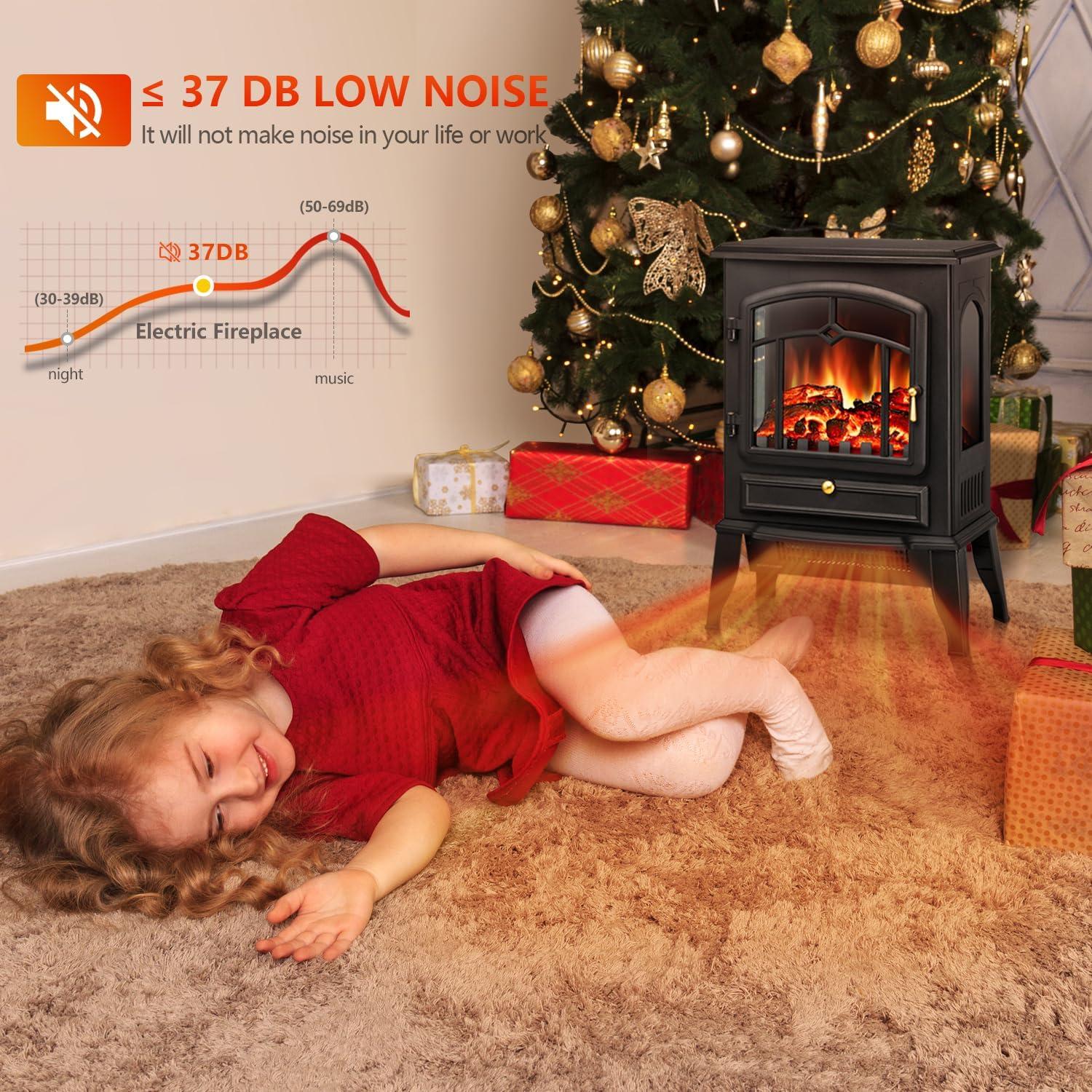 WAA Infrared Electric Fireplace Stove,15" Freestanding Fireplace Heater,Adjustable Brightness and Heating Mode,1000W/1500W,Black