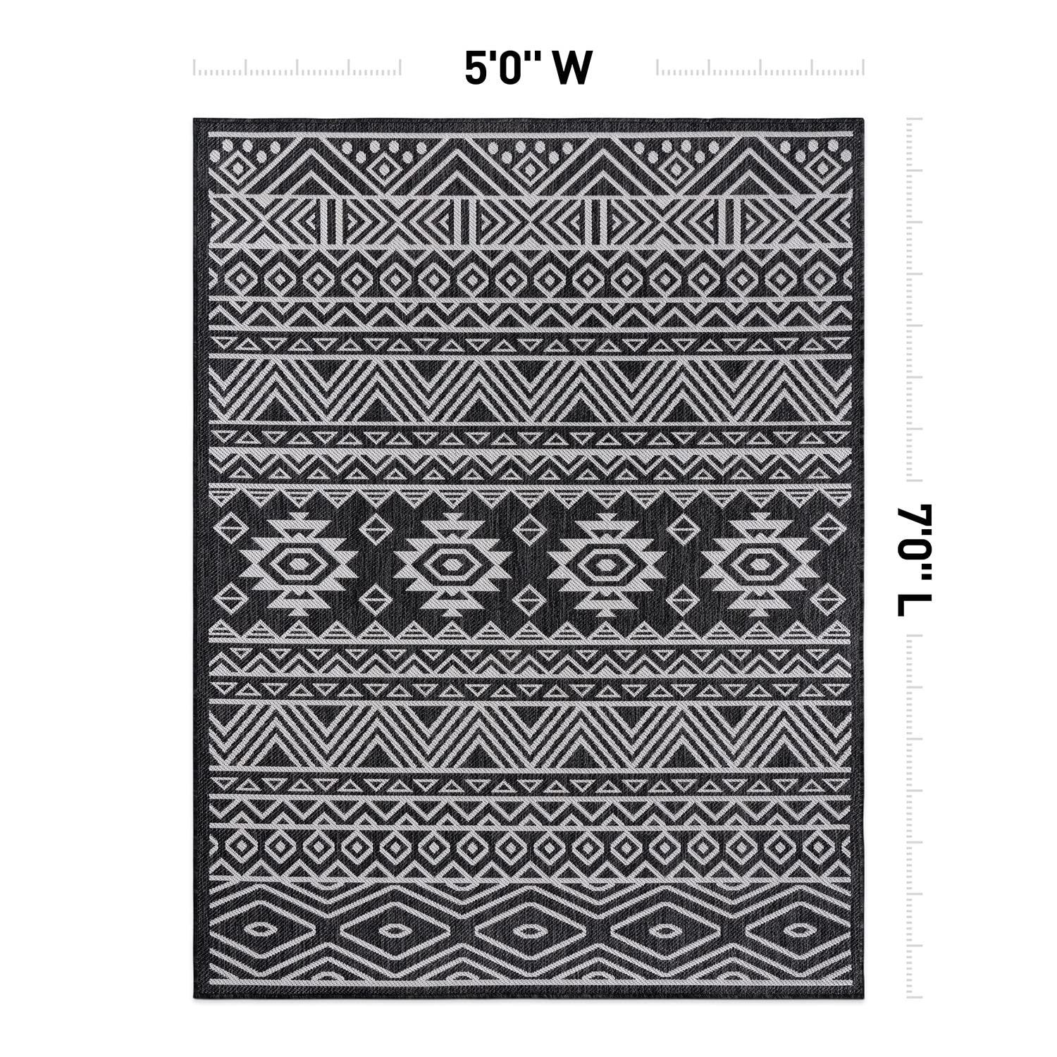 World Rug Gallery Distressed Geometric Bohemian Textured Flat Weave Indoor/Outdoor Area Rug - BLACK 5' X 7'