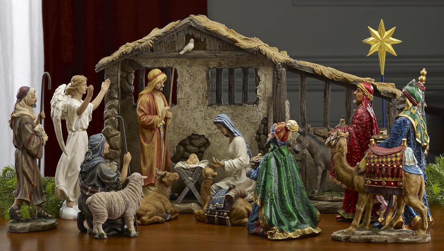 Deluxe Edition 16 Piece 10 Inch Christmas Nativity Set with Real Frankincense Gold and Myrrh.