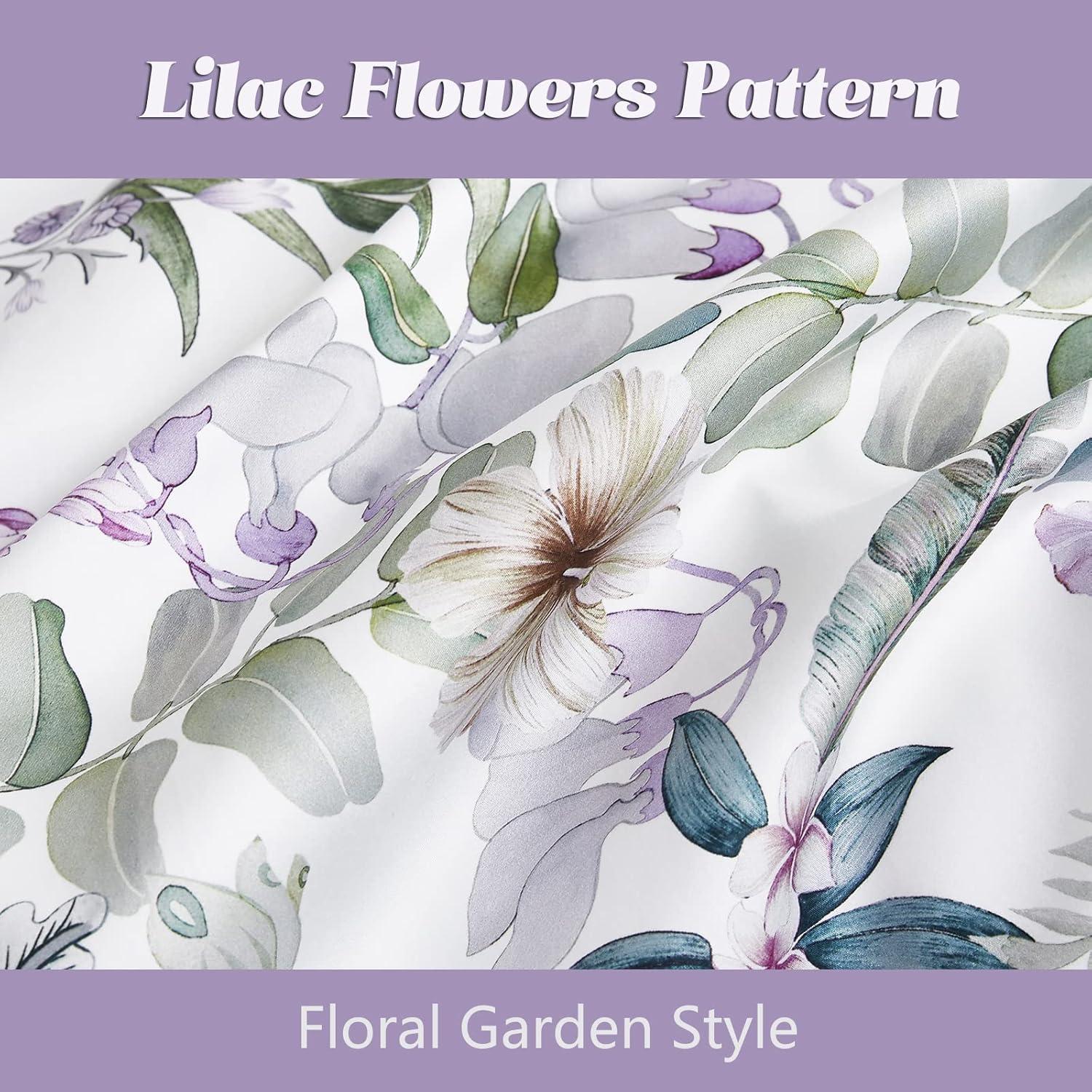 Floral Duvet Cover Set Garden Style King 3 Pieces Bedding Set, Ultra Soft Green Leaves Botanical Flowers Pattern Lavender Reversible Farmhouse 1 Comforter Cover + 2 Pillowshams(No Comforter)