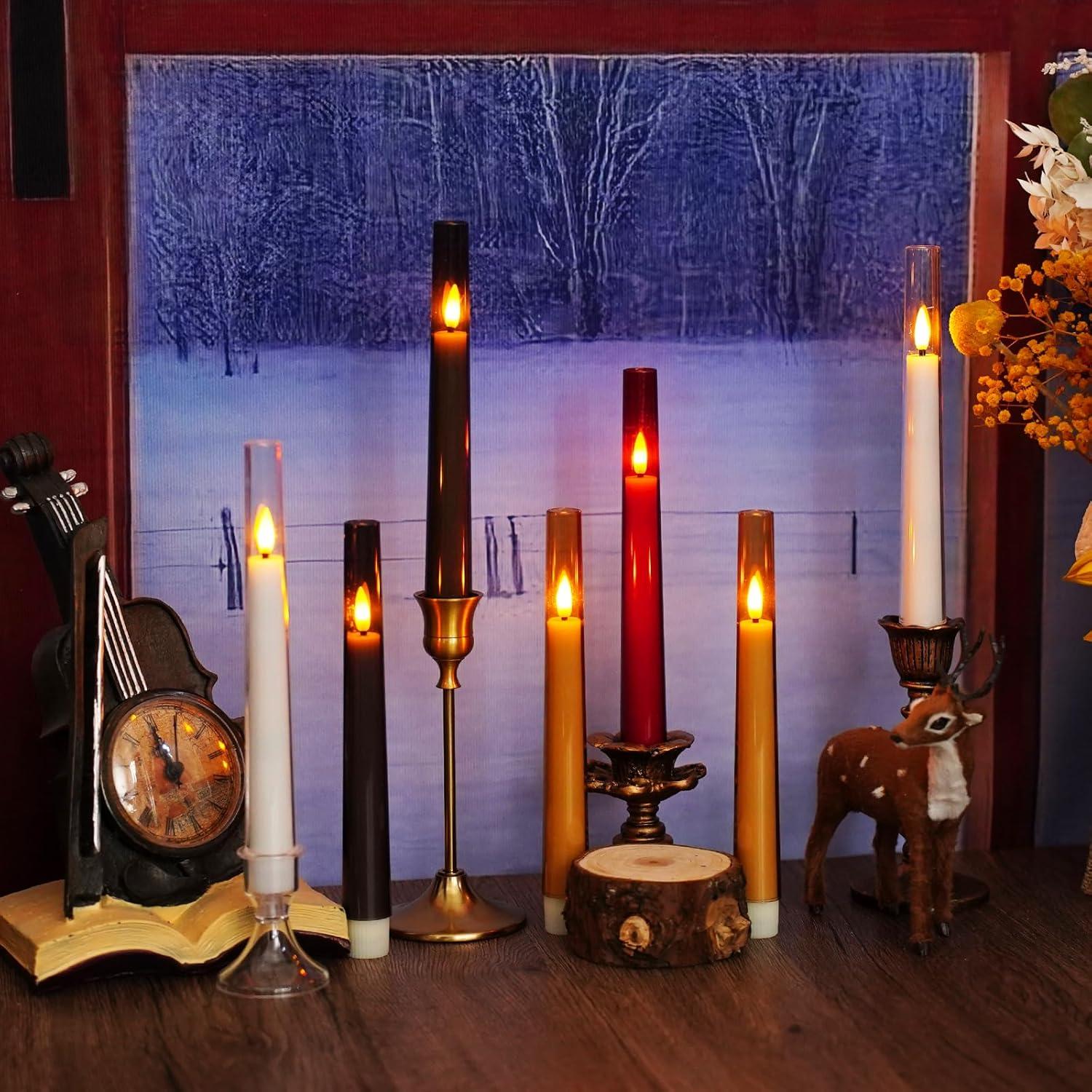 6pcs Waxy Flameless Taper Candles with Remote, Led Flameless Candlesticks Classic Tall Taper Candles with Holders Flickering Battery Operated Taper Candles for Bedroom Dining Room
