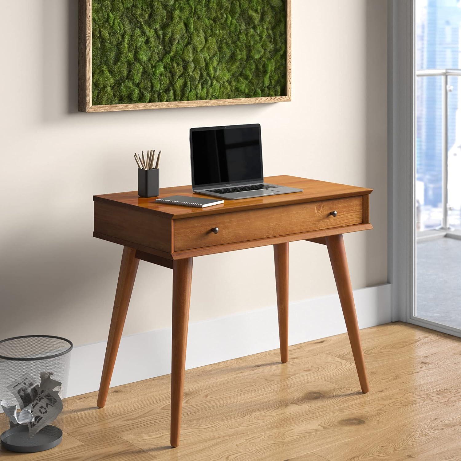 Castanho Brown Mid-Century Modern Solid Wood Writing Desk with Drawer