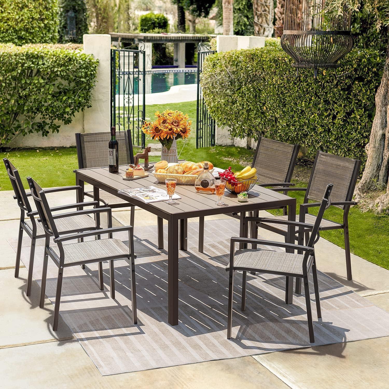 Brown Rectangular Metal and Textilene Outdoor Dining Set