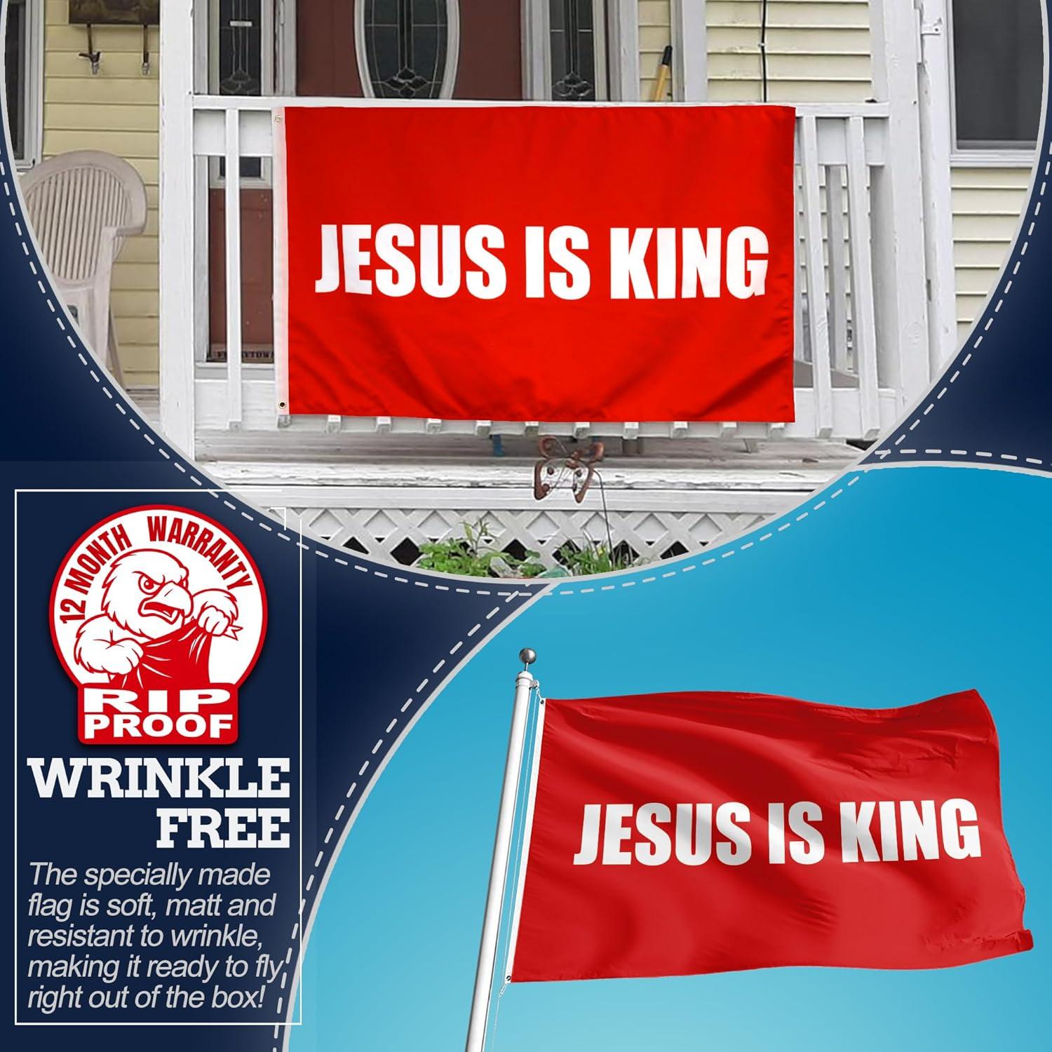 Rip-Proof Red and White Cotton Blend Jesus is King Flag 3x5 Foot