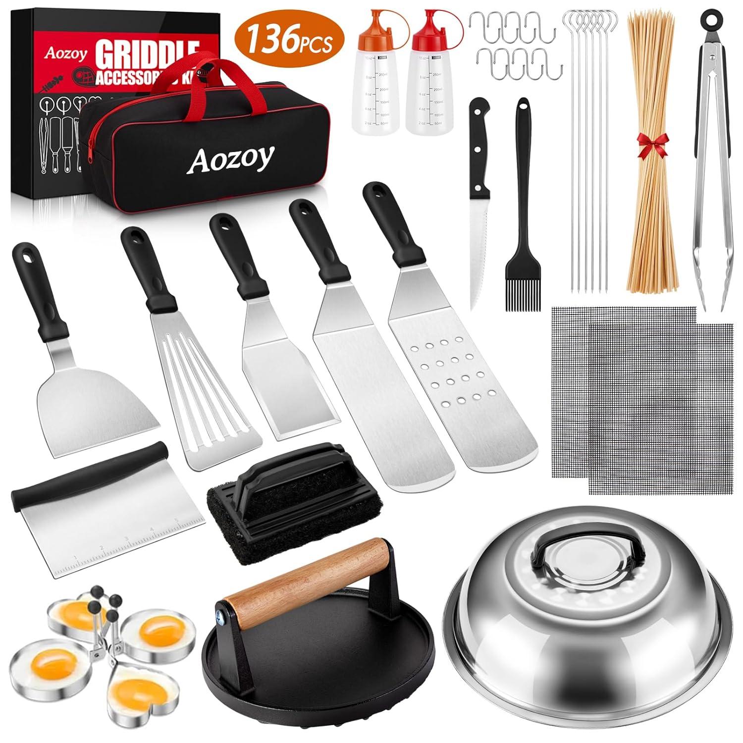 Griddle Accessories Kit - 136PCS Flat Top Grill Accessories for Blackstone and Camp Chef Metal Spatula Tools Set with Burger Press Scraper Tongs Carry Bag for Outdoor Grilling BBQ Cooking