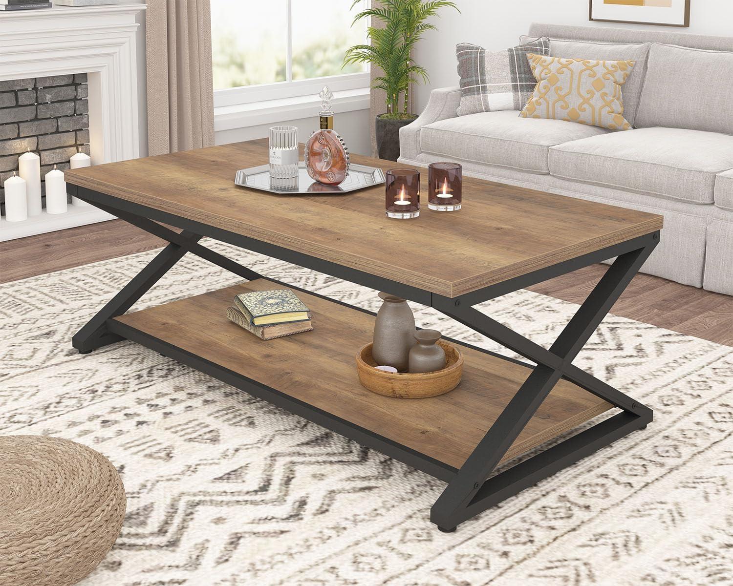 47 Inch Table with Storage Shelf, 2 Tier Rectangle Center Table Minimalist Home Tea Coffee Table