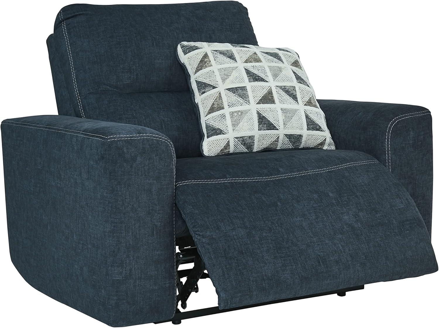 Contemporary Velvet Blue Oversized Recliner with Geometric Pillow