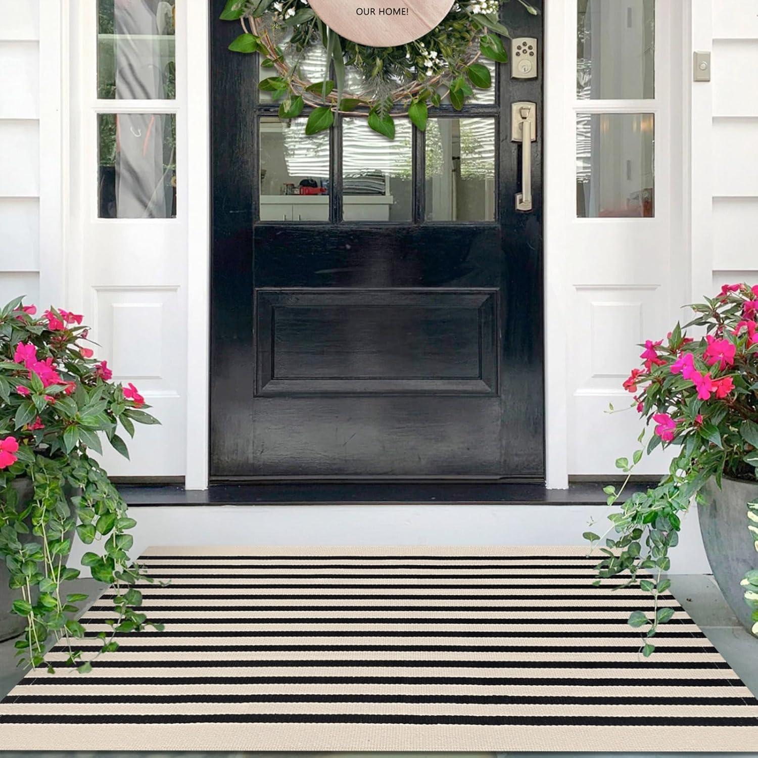 IOHOUZE Navy and White Striped Rug 2'x3' Front Door Rugs, Small Washable Area Rug for Front Porch, Spring Summer Doormats Outdoor Indoor, Cotton Rugs for Entryway Porch Entrance