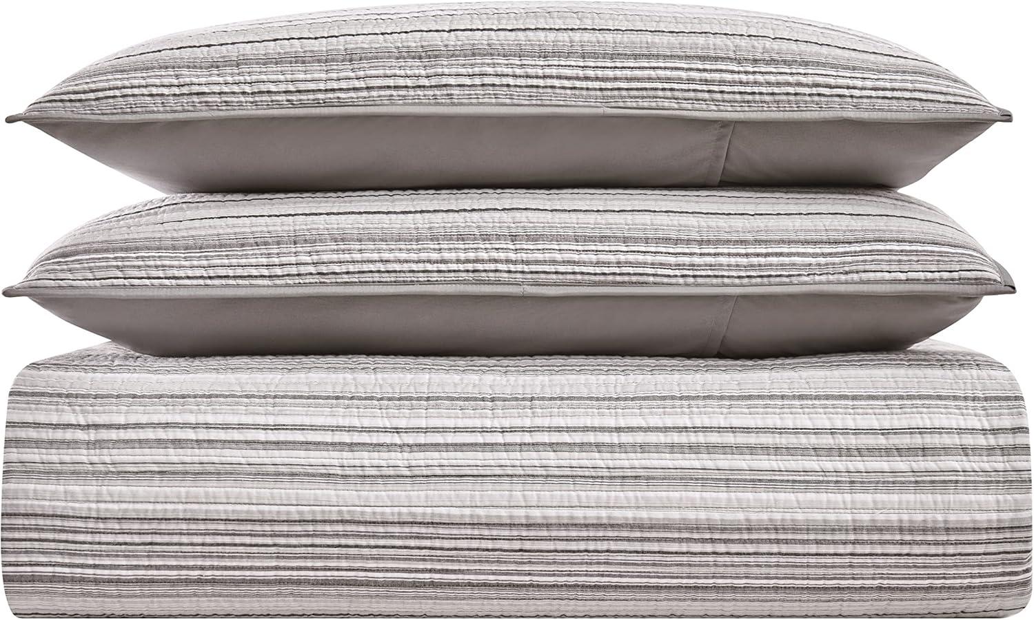 Gray Woven Cotton King Quilt Set with Striped Pattern